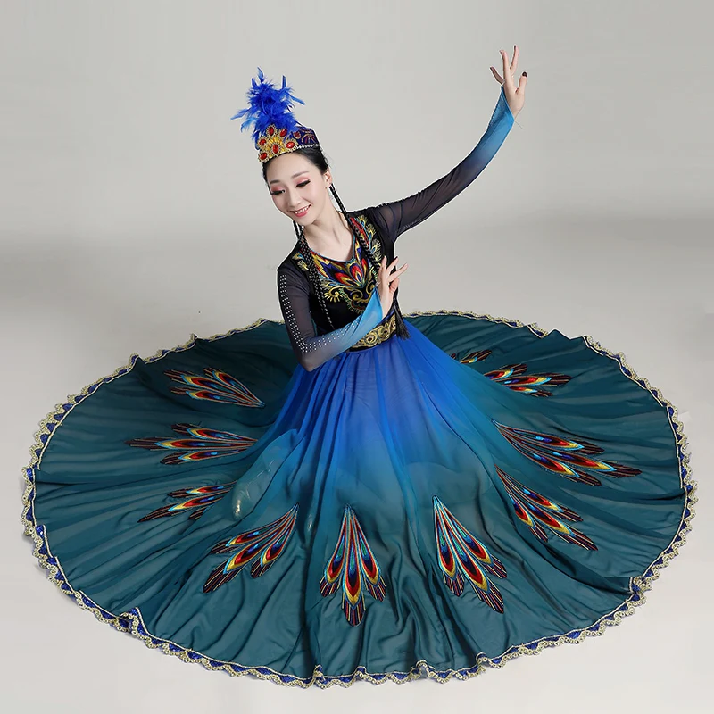 

Chinese Folk Dance Costume Traditional National Xinjiang Stage Dance Dress Blue Red peacock pattern ethnic Clothing For Women