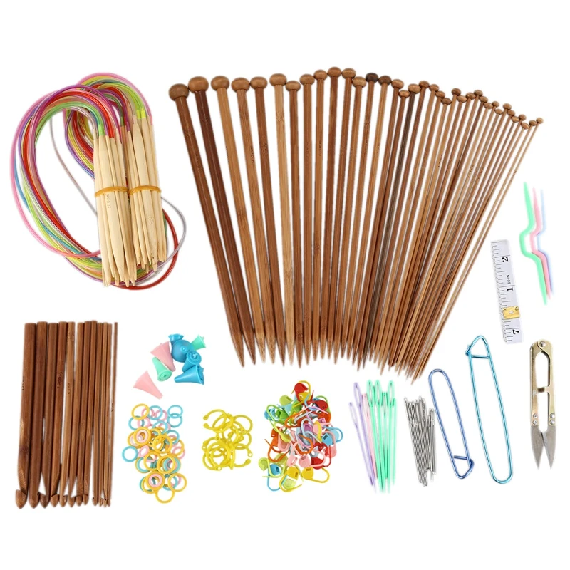 Knitting Needles Set-18 Pairs 18 Sizes Bamboo Circular Knitting Needles + 36 Single Pointed Bamboo Knitting Needles + Weaving To