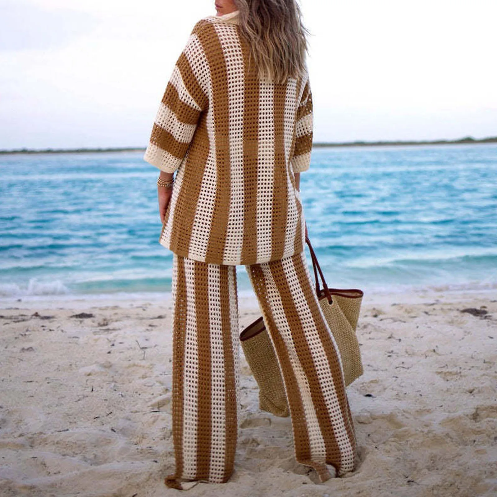 NHKDSASA Home Wear Hollow Stripe Shirts 2 Piece Sets Sexy V Neck Wide Leg Pants Suits 2024 Summer Ladies Beach Vacation Outfit