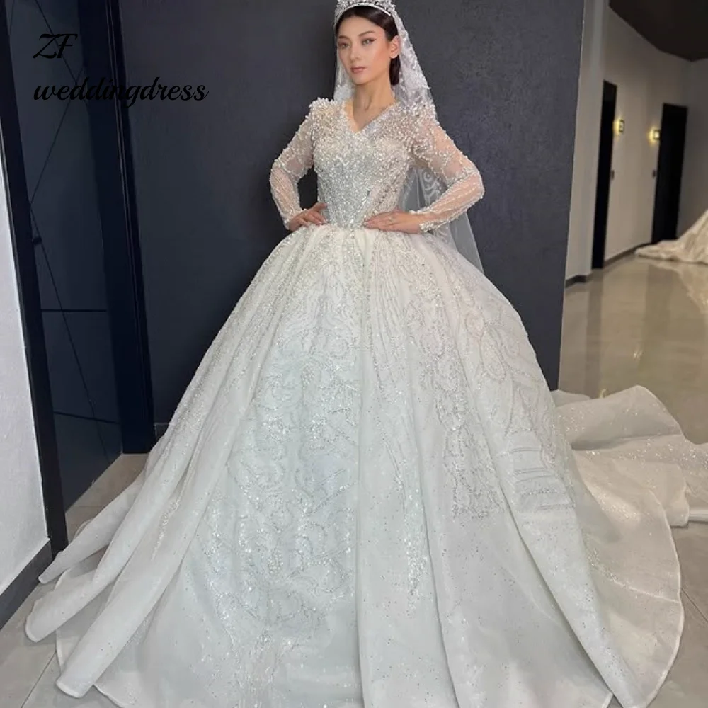 

Customized Luxury A-Line Wedding Dresses Women Sequins Appliques Bridal Gown v-Neck Long Sleeves Sweep Train Vestido