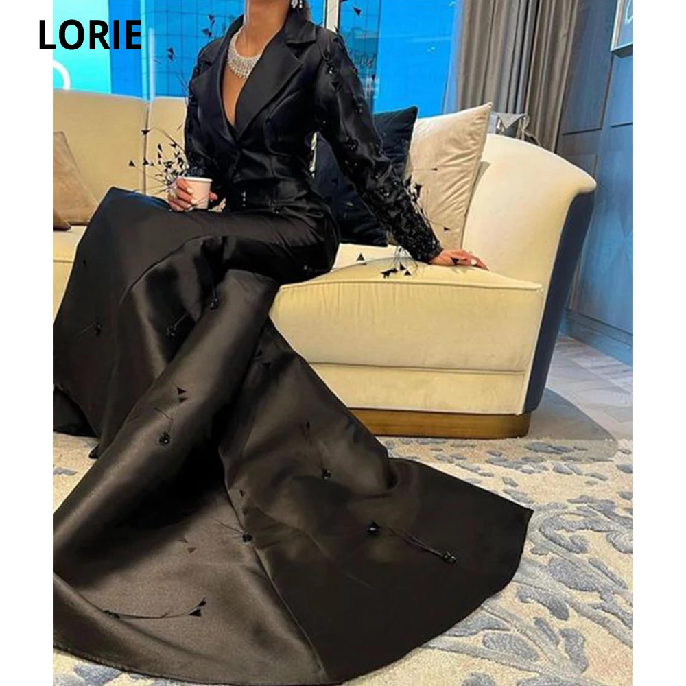 

LORIE Saudi Arabia Mermaid Evening Dresses Black V-neck 3D Flowers Prom Party Gowns Full Sleeves Robe De Soirée With Long Tail