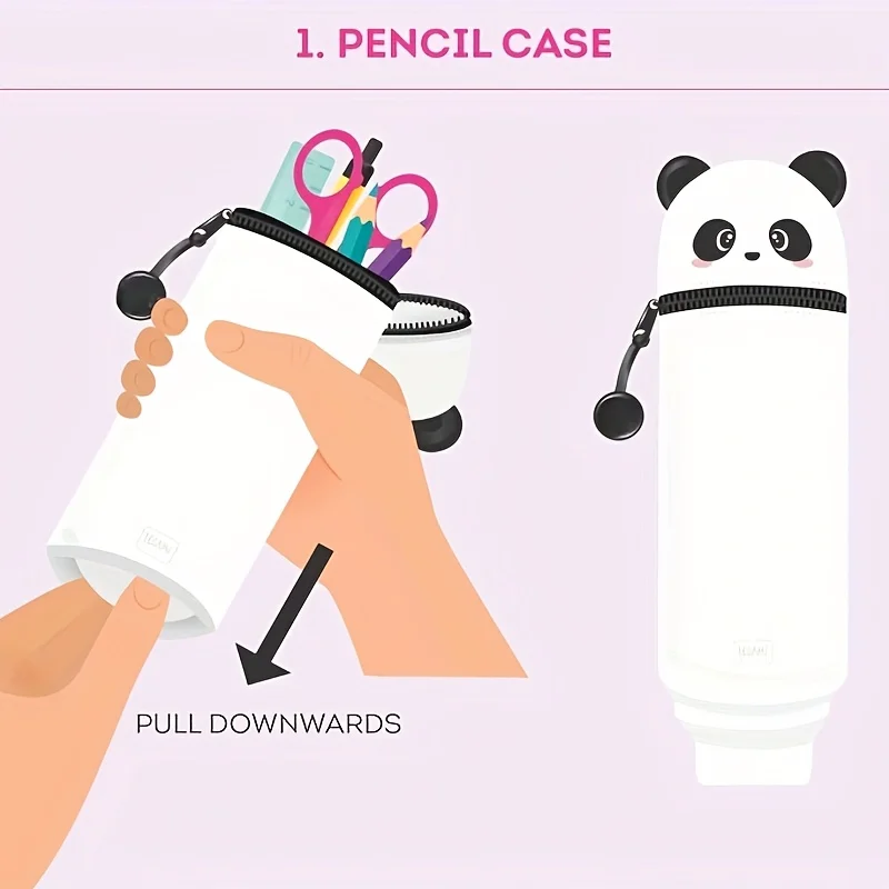 Cute Panda Silicone Pencil Case,2-in-1 Soft Pen Holder with Zipper, White Animal Design for School or Office Supplies