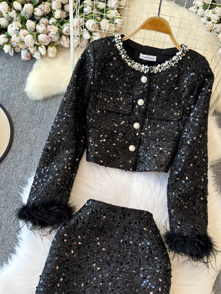 Koreański styl szykowny okrągły dekolt paznokci koralik frędzle krótka kurtka + wysoka talia gruba tweedowa owinięta spódnica biodrowa zestaw damski temperament