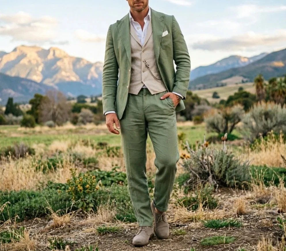 

Sage Green Linen Men 3 Piece Suit Breathable Slim Fit Summer Beach Formal Wear For Wedding Business Party Occasion Outfit