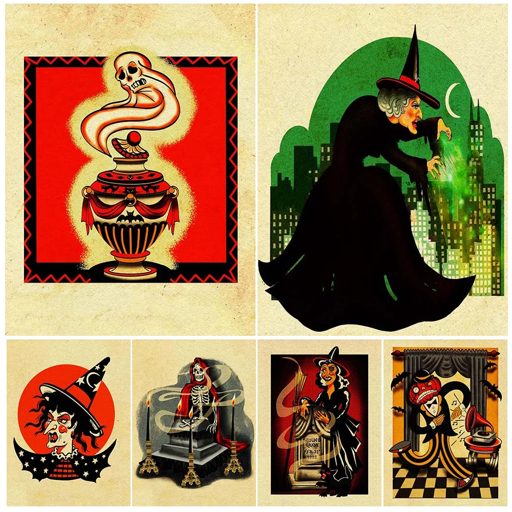 

Halloween Witch,Bat,Black Cat,Vintage Wall Art Canvas Painting Funny Witches And Monsters Art Print Art Poster Print Home Decor