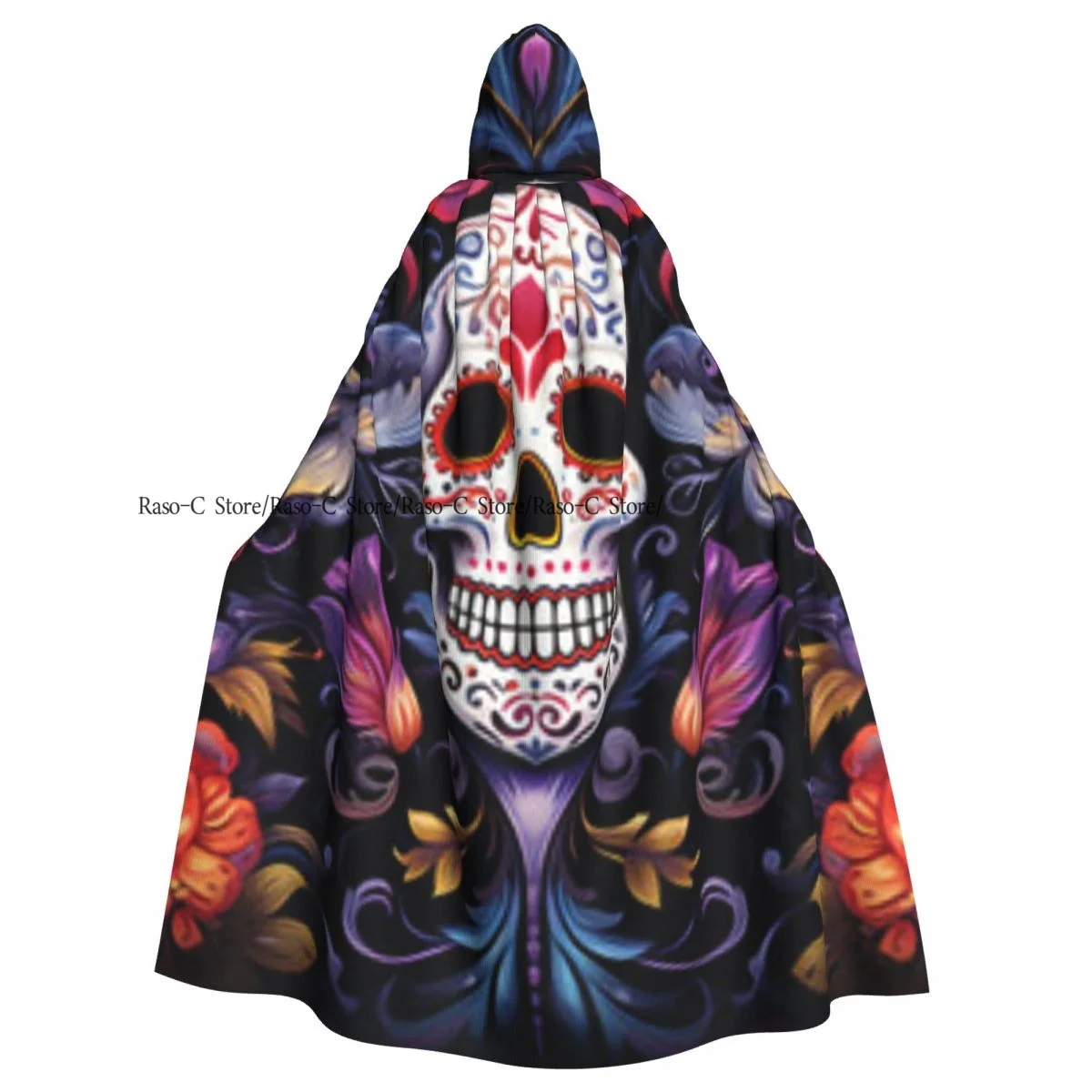 Unisex Witch Party Reversible Hooded Adult Vampires Cape Cloak Day Of The Dead Mexican Skull Pattern