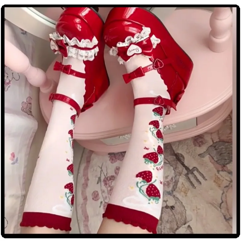 

Original Sweet Strawberry Print Lolita Sweet Soft Girl Cotton Socks Autumn Winter New Red Christmas Socks Mid-Calf Socks women
