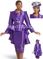 Purple Knee-length Mother of the Bride Dresses Beaded Stain Embroidery Peplum Church Suits Wedding Guest Party Gown
