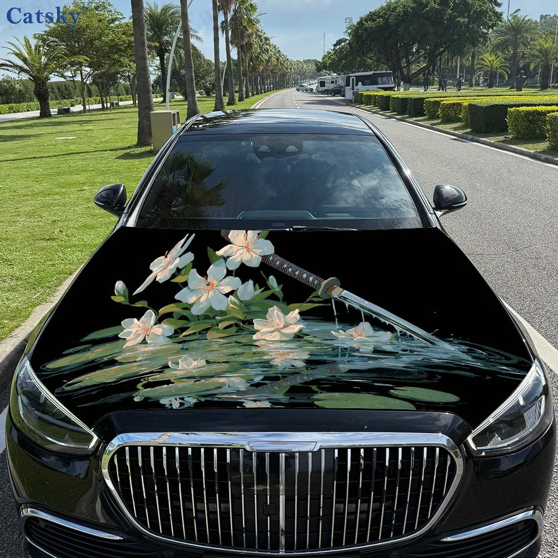 

Samurai Sword and Lily Flower print,car hood stickers,PVC waterproof Self adhesive car hood sticker,car hood decoration protecti