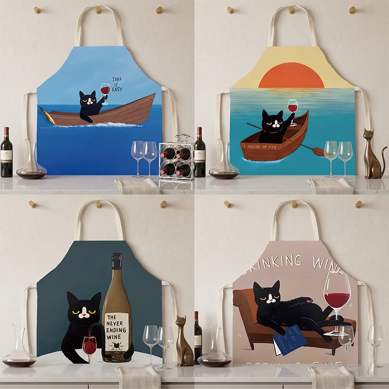 

Humorous Black Cat Wine Glass Apron Waterproof Kitchen Chef Bib for Baking Cooking Grilling Housework Pinafore Men Women Gift