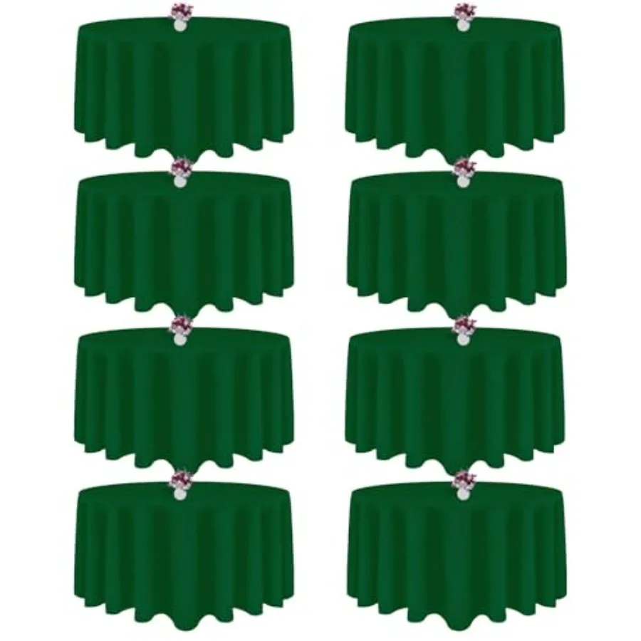 

8 упаковок круглых скатертей диаметром 90 дюймов, цвета хантер-грин, из моющейся полиэстеровой ткани, устойчивой к сминанию.