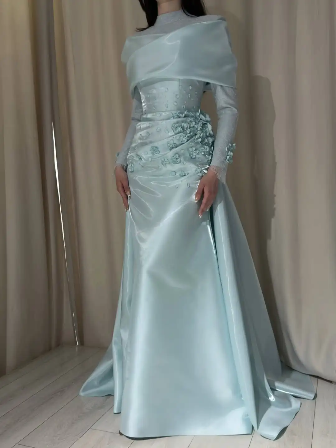 customized Arabic Evening Dresses Sky Blue Off Shoulder Formal Women Prom Dresses Strapless Dubai Women Wedding Party Gowns