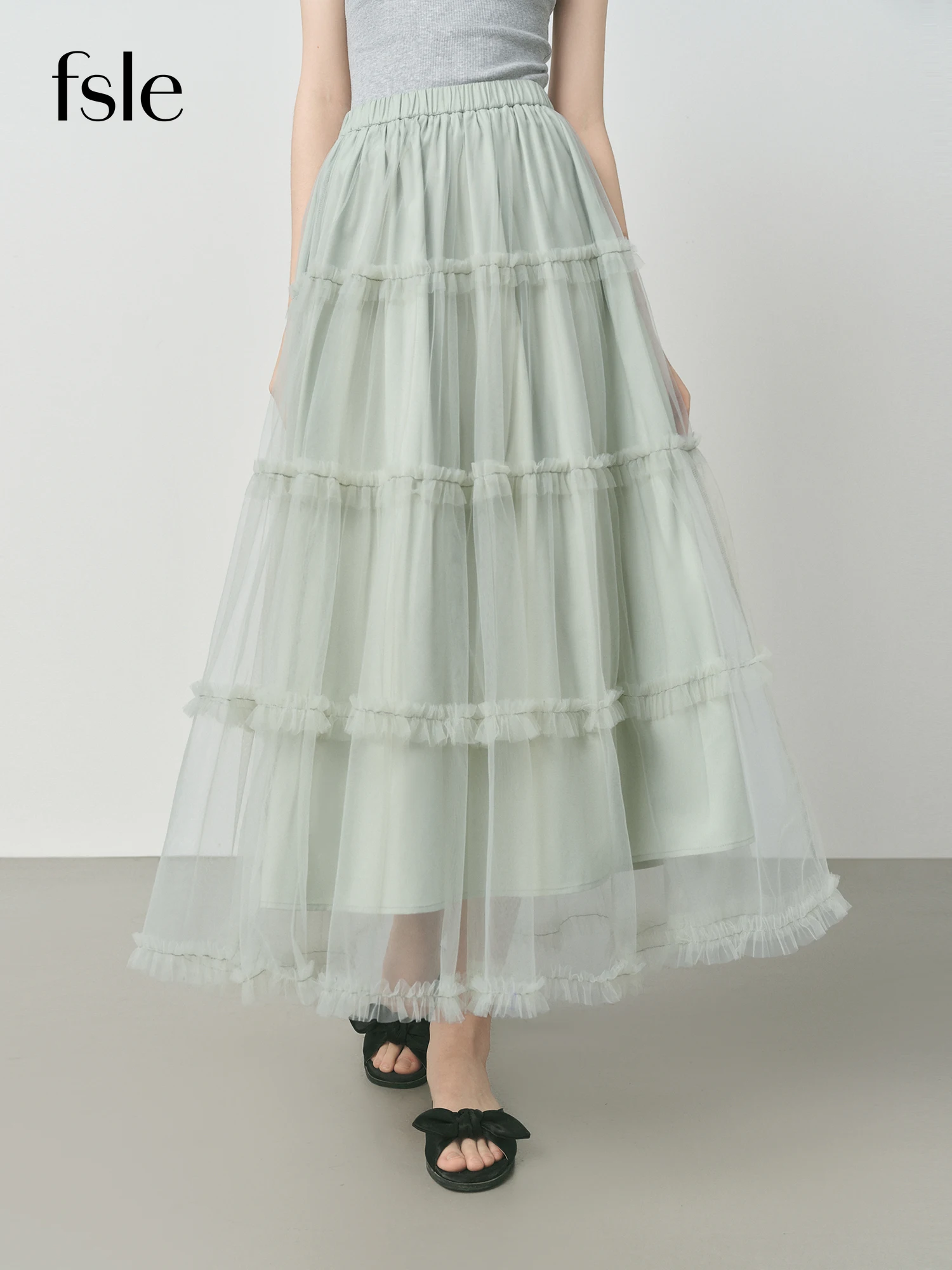 FSLE Green French A-line Cake Skirt Female 2025 Early Autumn New Mesh Long Skirt 25FS13225