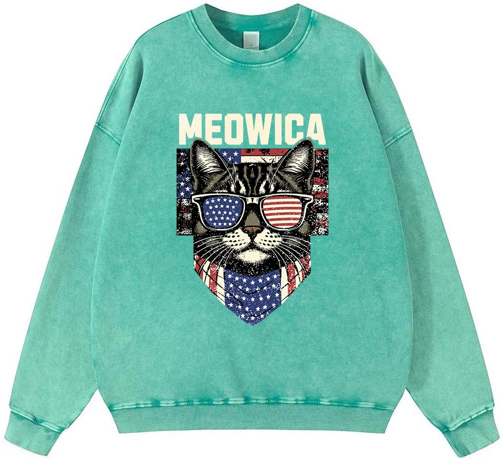 

Cat Wearing American Glasses Men Vintage Washed Cotton Sweatshirt Simple Crewneck Pullover Street Oversize Hipster Autumn Fleece