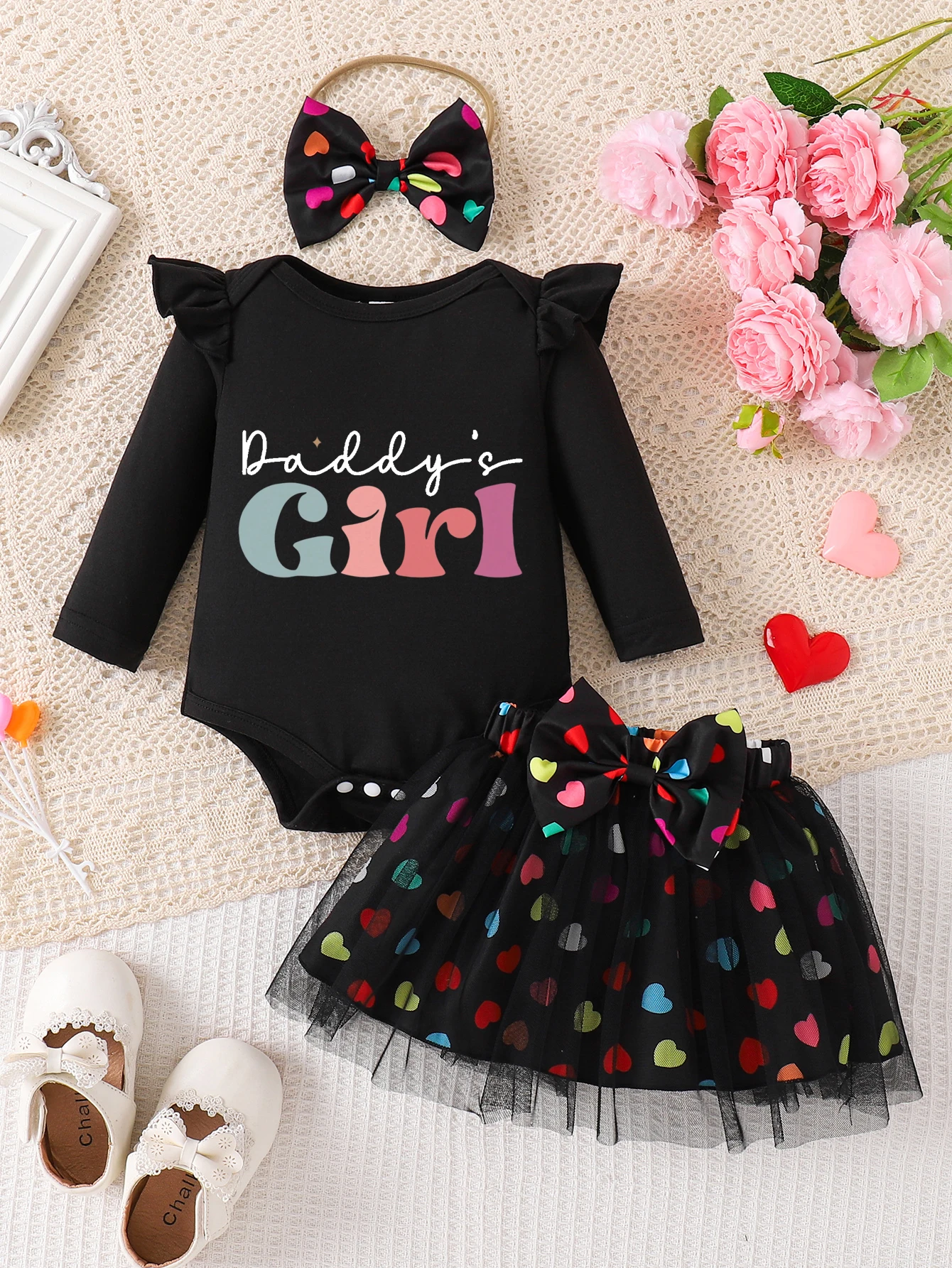 0-24 Monate Neugeborenes Baby Daddy's Girl Strampler Herz Liebe Tüll Tutu Rock Stirnband 3-teiliges Outfit-Set Säuglings-Baby-Geburtstagskleidung