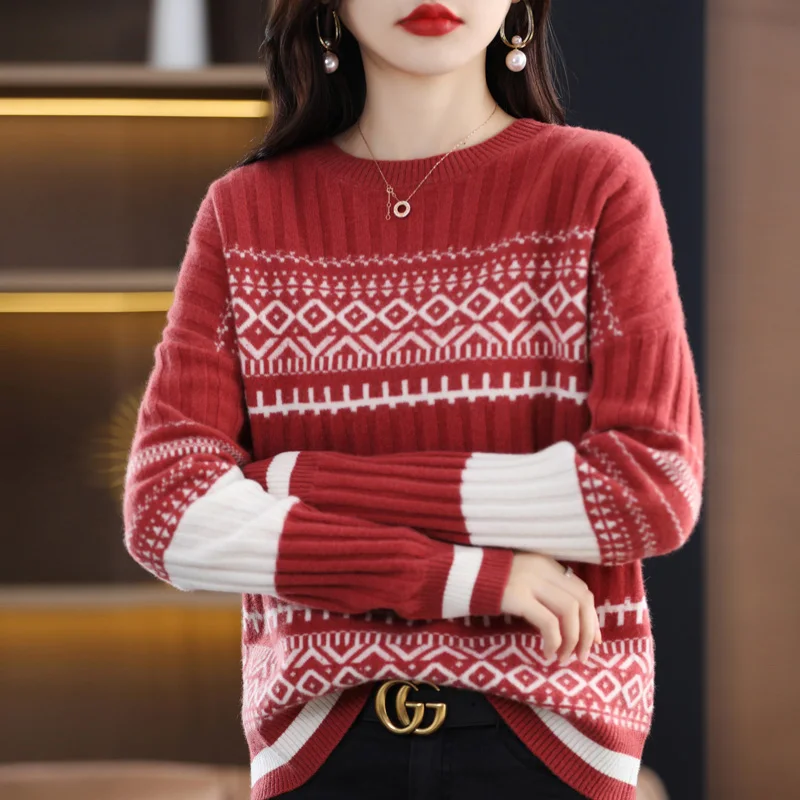 Autumn Winter Women 100% Merino Wool Sweater Casual O-neck Color Block Pullover Thickened Cashmere Retro Ethnic Knitwear Top