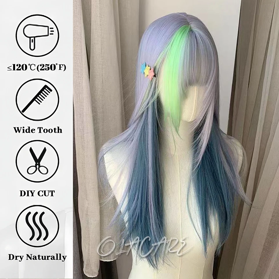 Grey with Blue Highlight Long Straight Synthetic Wigs with Bangs Cosplay Hairs Wig for Women Daily Natural Heat Resistant