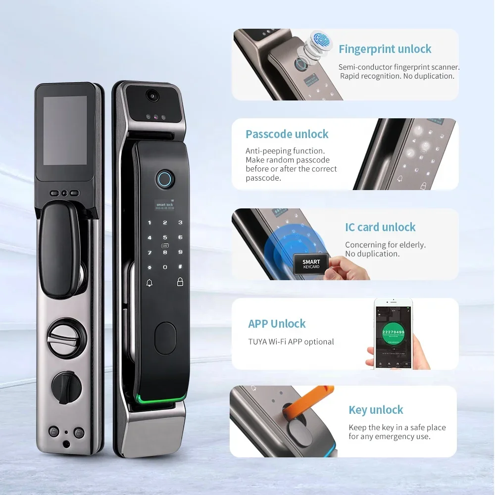 Smart Home 3D Face Recognition Door Lock, cinza, App, controle de telefone, impressão digital, Wifi, Tuya, luxo, alta qualidade