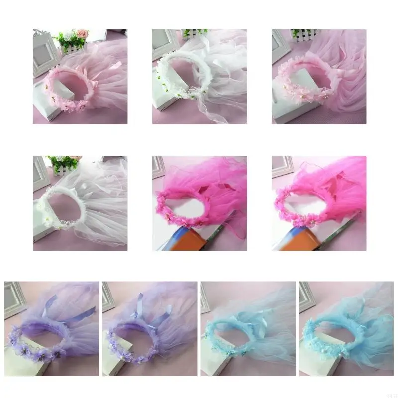 

B95F Flower Girls Veil Headpieces with Pleated Flower Wedding Ring Bearer Veil Long Tulle Bride Wedding Party Supplies