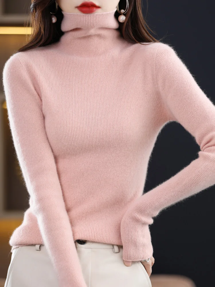 Autumn Winter Women 100% Merino Wool Sweater Seamless Turtleneck Cashmere Pullover Basic Slim Knitwear Solid Korean Clothing Top