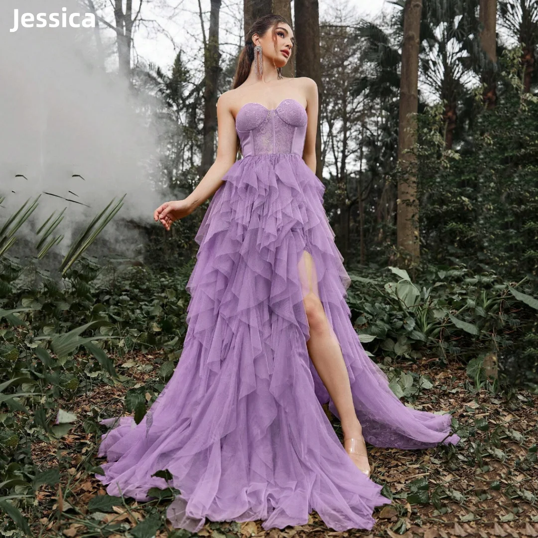 Jessica Lace Tulle Layering Prom Dresses Purple Strapless Evening Dresses Side Slits Wedding Party Dress Vestidos De Noche