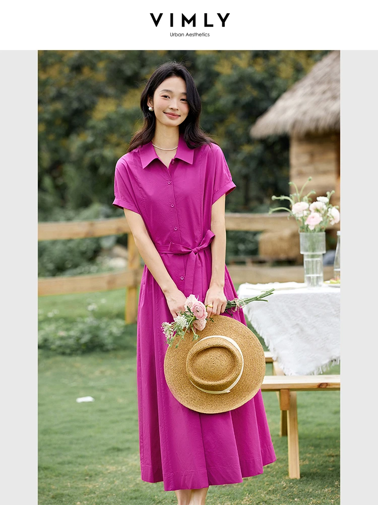 

VIMLY French Elegant Shirt Collar Dress Woman 2025 Summer Pure Cotton Short Sleeve Button Up Maxi Dresses Woman Clothing A1857