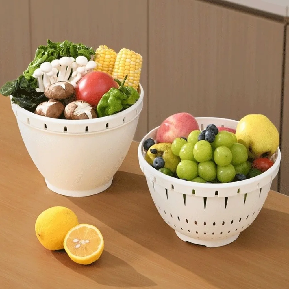 

Plastic Fruit Drainage Basket Double Layered Multi-Function Vegetable Storage Basket Space-Saving Kitchen Colander Strainer