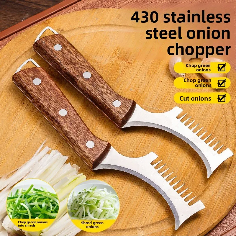 Household 430 Stainless Steel Onion Slicer, Sharp Sparse-Tooth Green Onion Shredder with Wooden Handle, Kitchen Vegetable Cutter