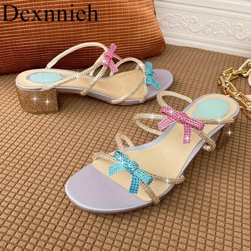 

Luxury Rhinestone Chunky High Heel Slippers Women Bling Bling Colorful Crystal Bow-Knot Decor Sandals Summer Vacation Shoes