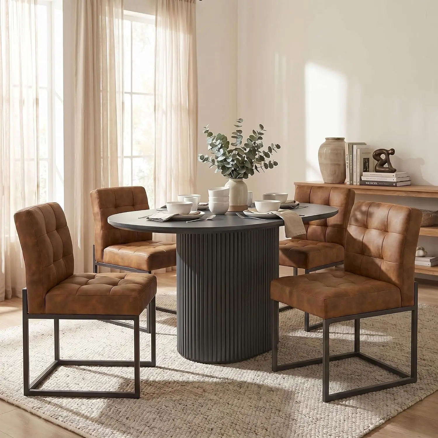 Coffee Faux Leather Dining Chairs Set of 2, Mid-Century Modern Dining Room Chairs with Armless, Checkered Kitchen Chair with Met