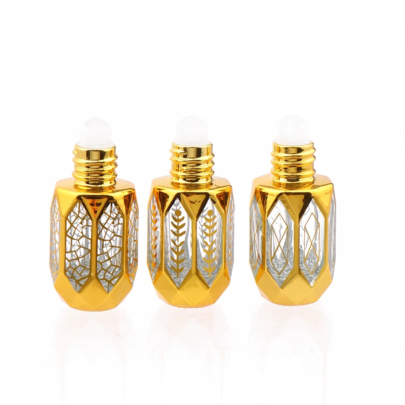 Glass Roll On Bottle Mini Essential Oil Container Portable Perfume Bottle Vintage Bronzing Gold Empty Refillable Vials With Whea