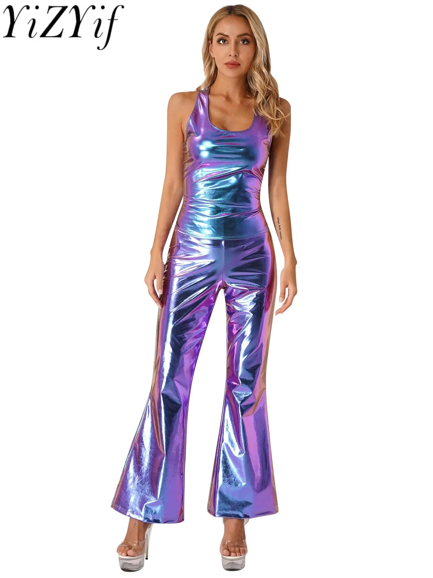 Women Disco Diva Costume Sleeveless Tank Top with Elastic Waistband Flare Pants 70s Shiny Foxy Lady Disco Retro Dancing Clubwear