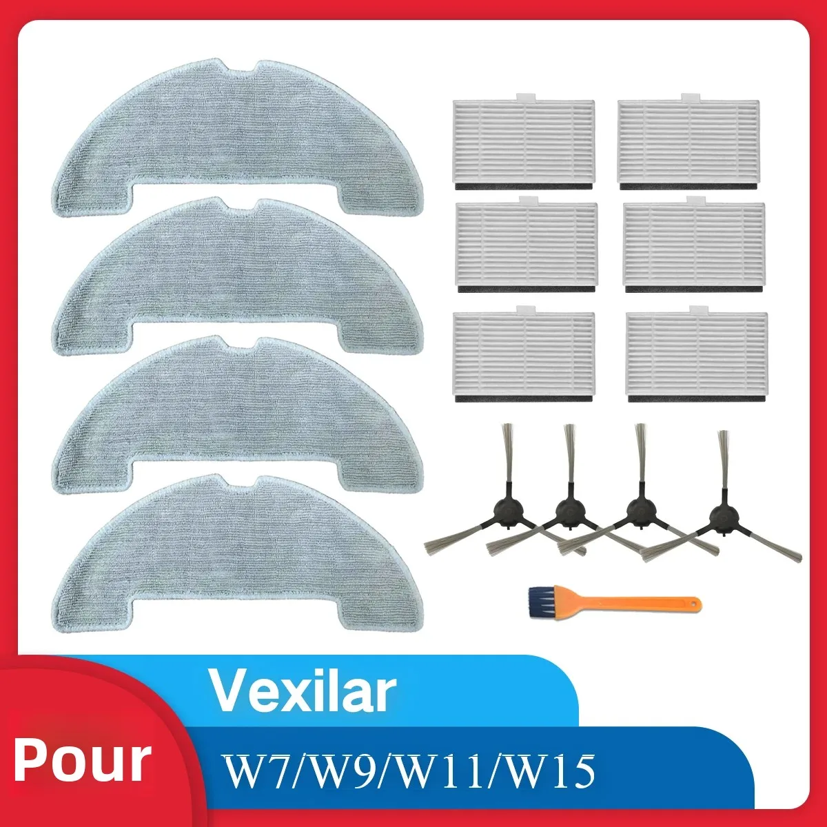 Pièces de rechange pour aspirateur Robot Vexilar W7/W9/W11/15, avec filtre HEAP, tampon de vadrouille, brosse latérale, brosse de nettoyage