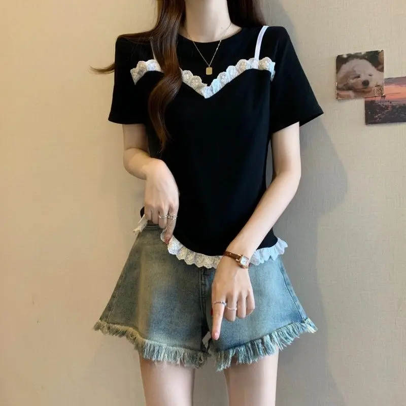 Femme Summer Trend Fashion Drawstring Solid Color O-neck Two Pieces Short Sleeve Women Clothing All-match Lace T-shirt Tops