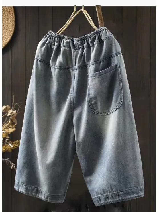 Afslankeffect Losse casual elastische taille orts Geborduurd denim Lichtblauw Dames Zomer Dunne rechte pijpen Hoge taille Si...