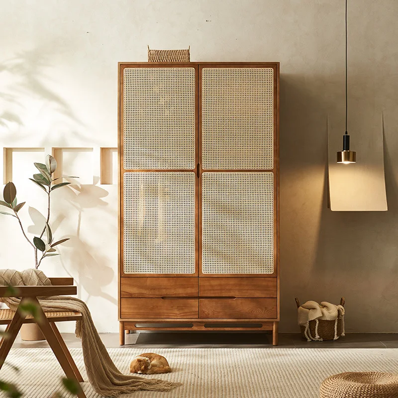 

Household Japanese retro rattan wardrobe combination medieval wabi-**** wind solid wood double door storage wardrobe