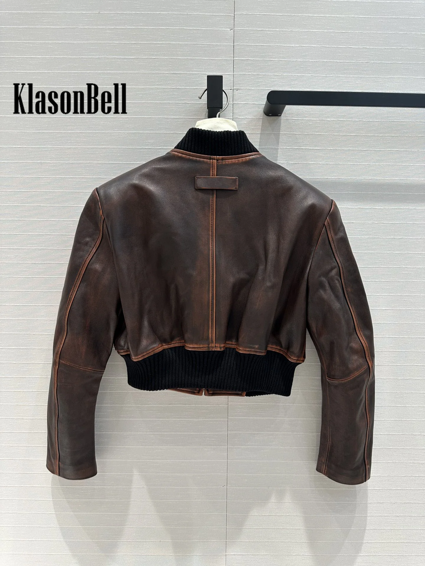 7.21 KlasonBell Women Ribbed Stand Collar Spliced Sheepskin Baseball Jacket Vintage Distressed Zipper Short Outerwear