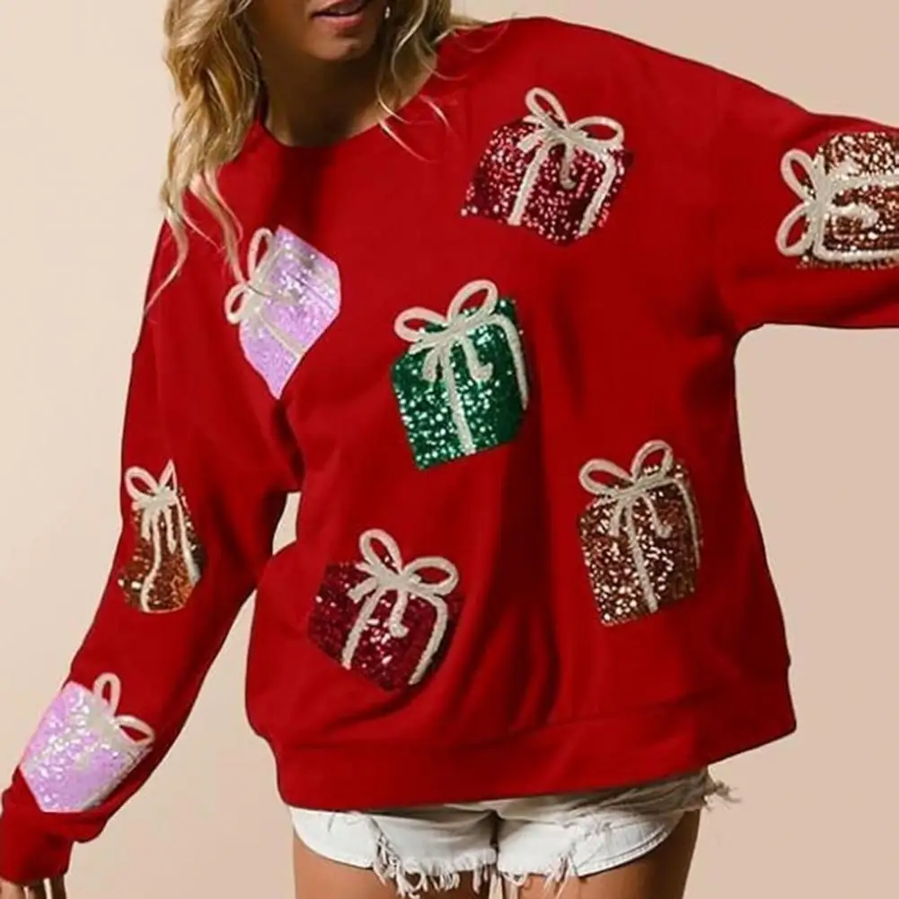 

1Pc Women Christmas Sequin Sweatshirt Colorful Sequin Women Holiday Pullover Gift Box Pattern Christmas Sweatshirt for Holiday