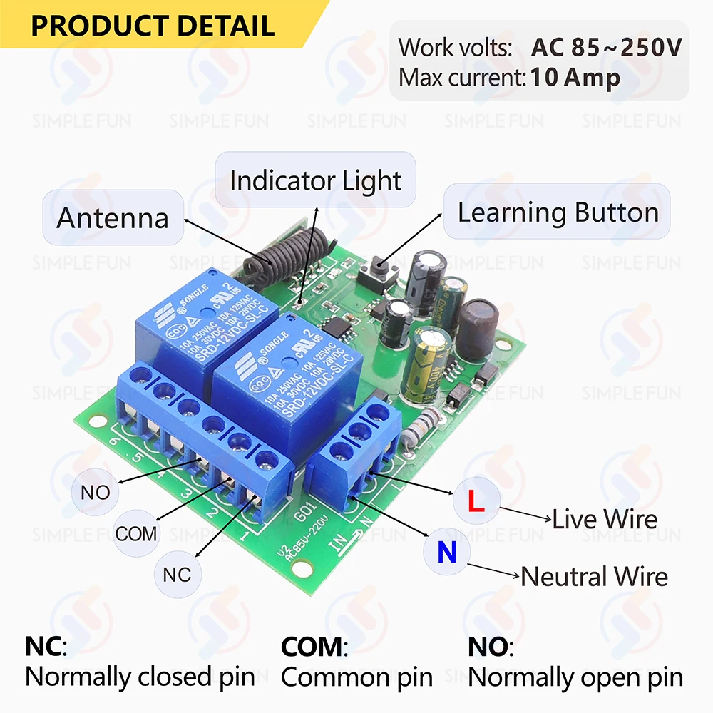 433MHz 2 CH Universal Wireless Remote Control Switch AC 110V 220V Relay Module and 500m Transmitter for Light/Garage Gate/Motor