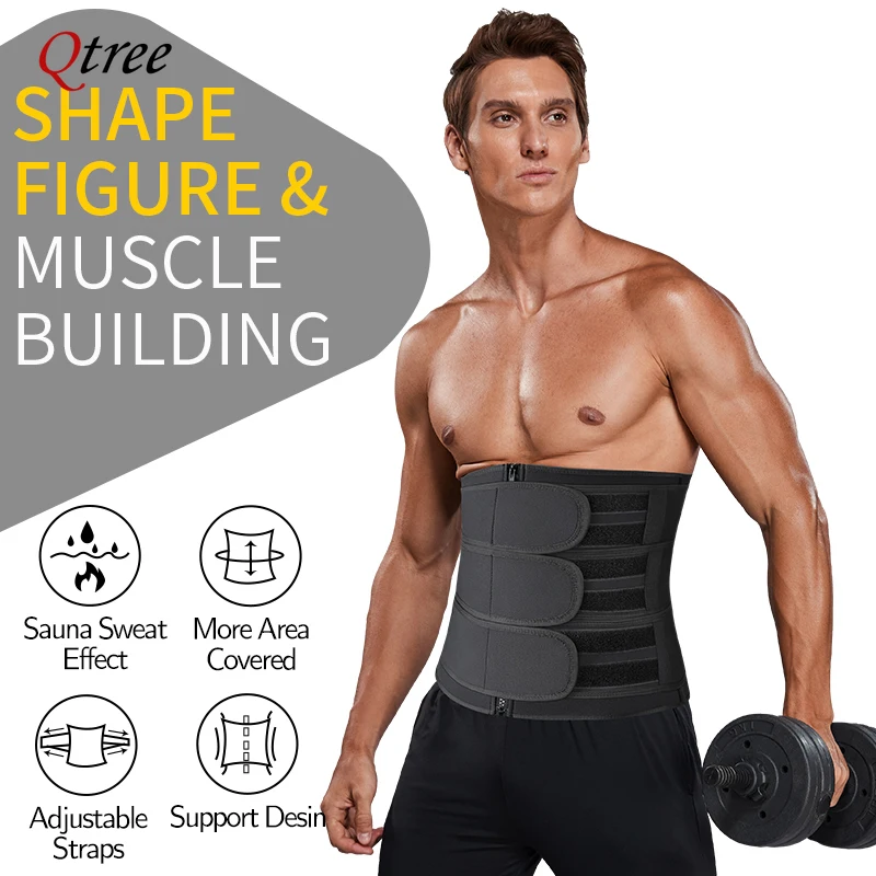 Qtree Men Neoprene Body Shaper Sauna Workout Waist Trainer Trimmer Belt for Weight Loss Sweat Belly Slimming Corset Shapewear