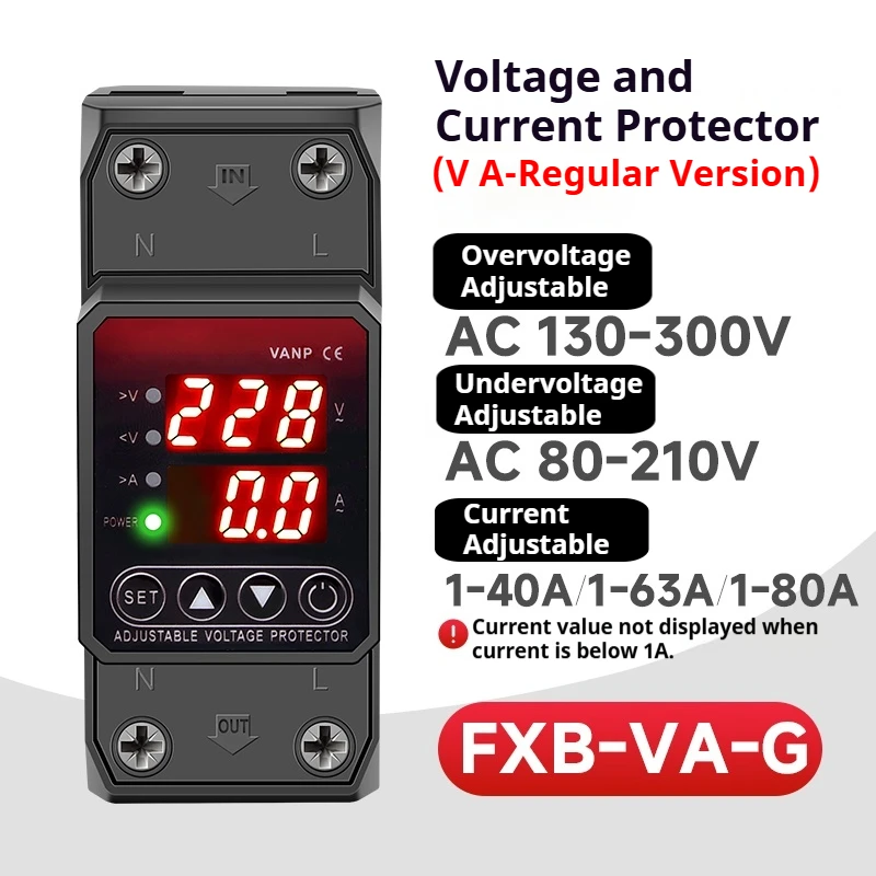 Over Voltage Under Voltage Protection Device 220VAC 40A 63A 80A Adjustable Din Rail Digital Display Voltage Current Protector