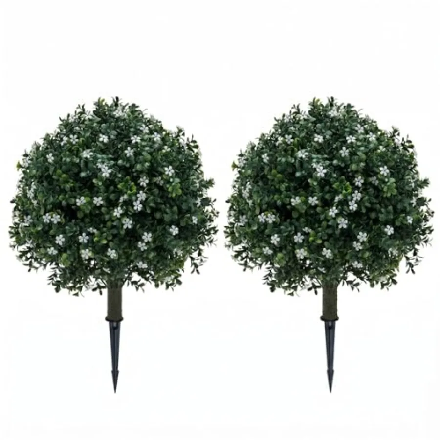 Artificial Boxwood Topiary Ball with Flowers Set of 2, 24" Faux ery Shrub with Ground Spike, UV Resistant Fake Bush for Front P