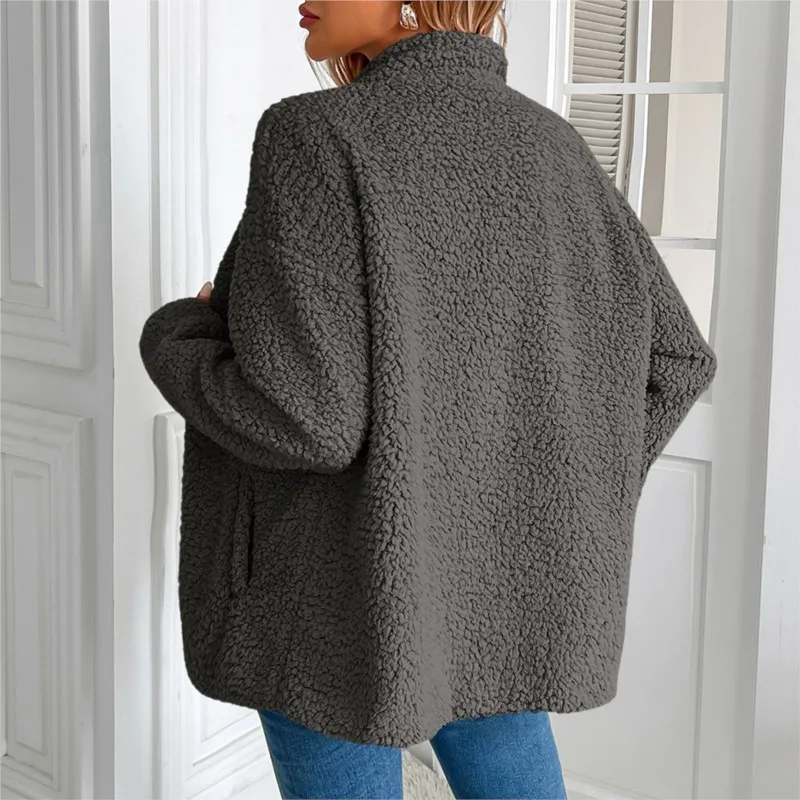 Giacca da donna in pile di agnello tinta unita autunno inverno da donna con giunture larghe cerniera casual con giacca tascabile tira Femmes