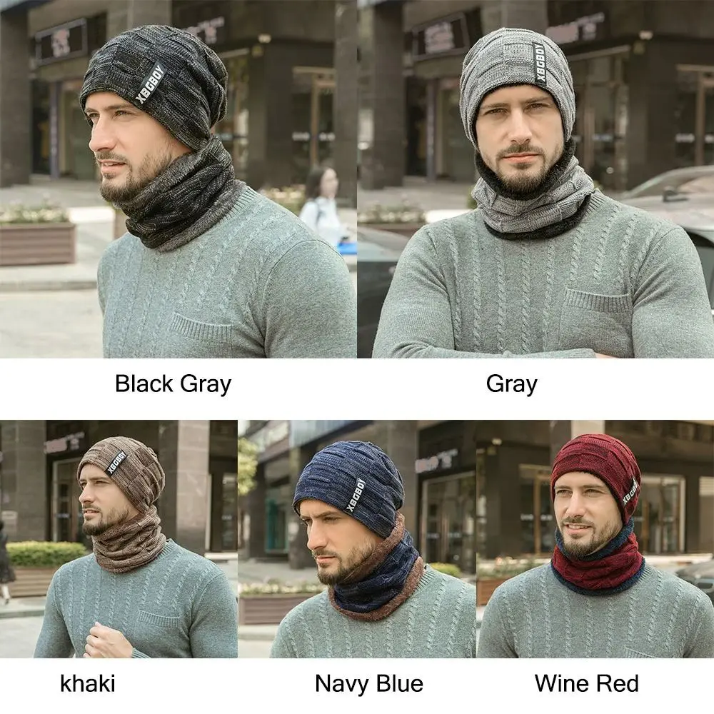 Fashion Winter Men's Beanie Hat Scarf Set Warm Thick Fleece Lined Knit Hat Scarf Neck Warmer Skullies Bonnet