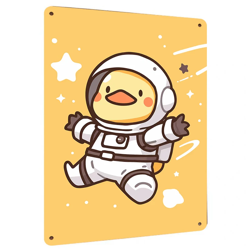 Cute Astronaut Duck Metal Tin Sign Cartoon Animal Space Decor Kids Room Bedroom Wall Hanging