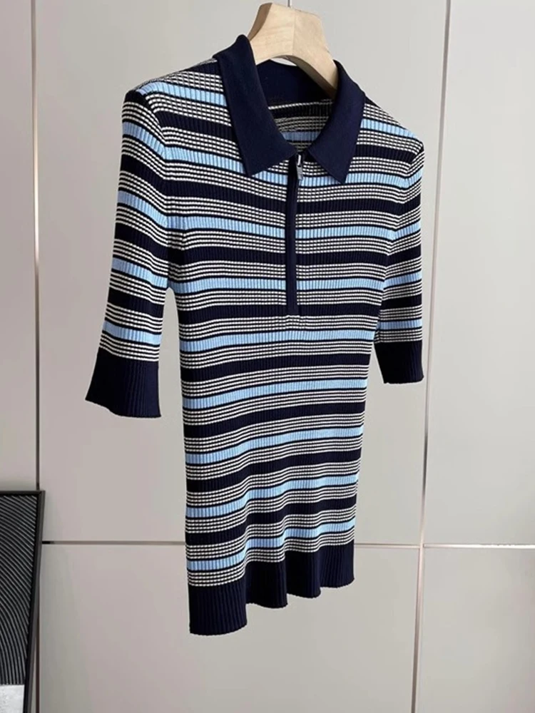 

Unique Stripe Ice Silk Knitted Ne ort Sve Slim Fit Top Faionable Summer 2025 Korean Sle Commute Sle Knitwear