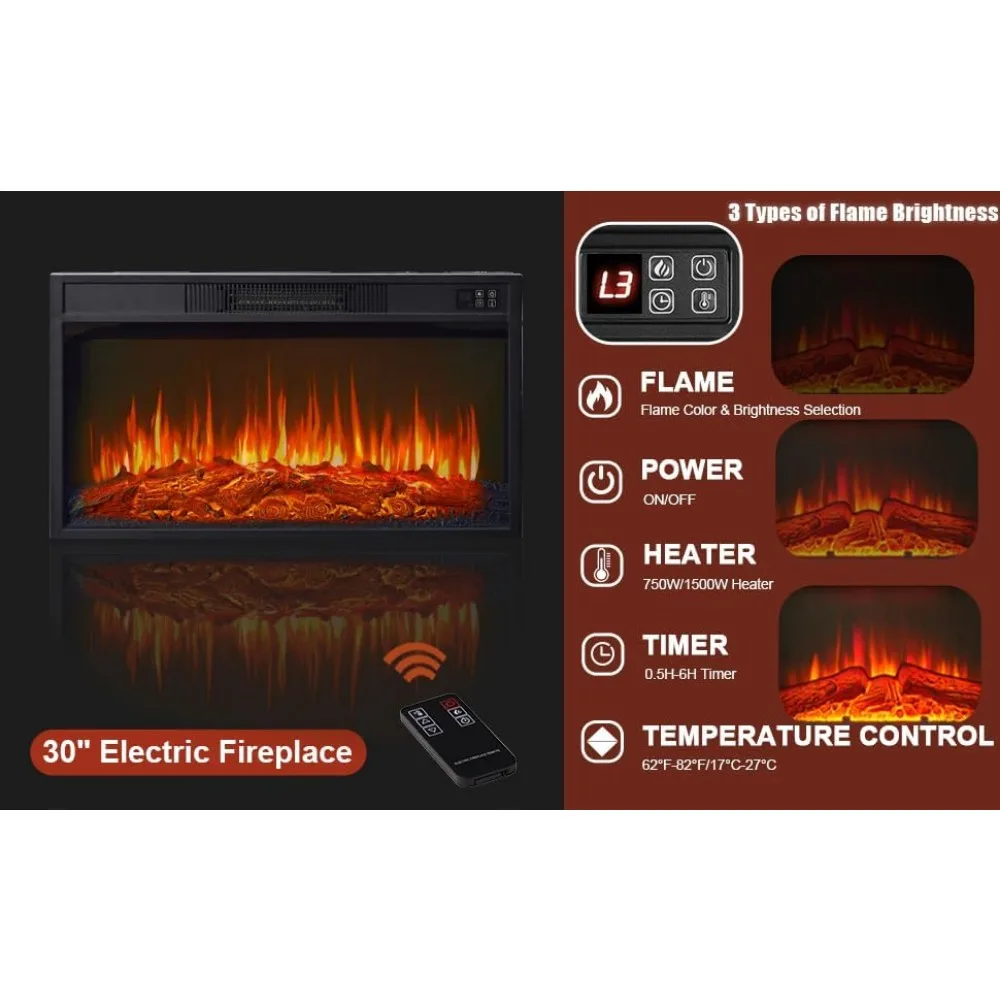 90 Inch TV Electric Fireplace with Mantel, 30 Inch Insert Heater for Living Room, White