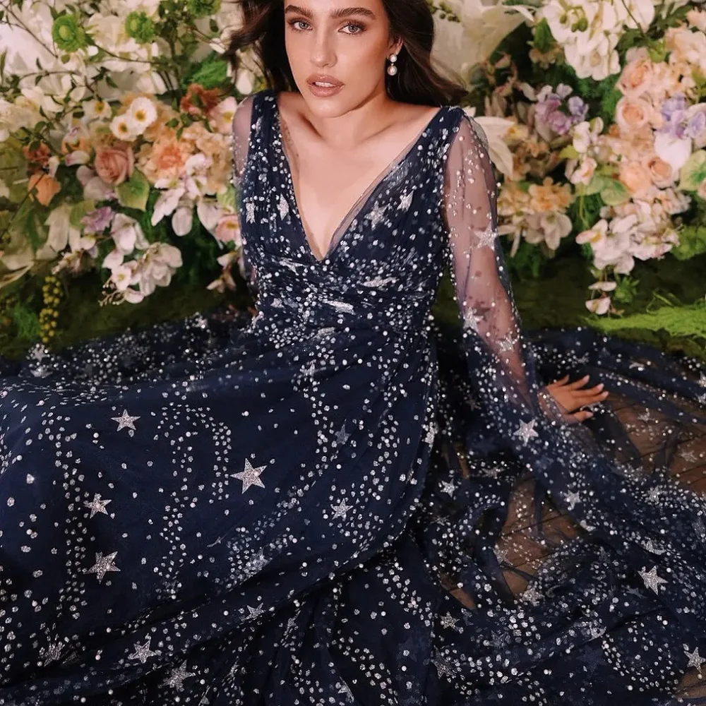 Amanda personalizzato blu navy glitter cinturino per spaghetti abiti da ballo maniche lunghe abiti da noche pavimento-lunghezza da sera formale 2025