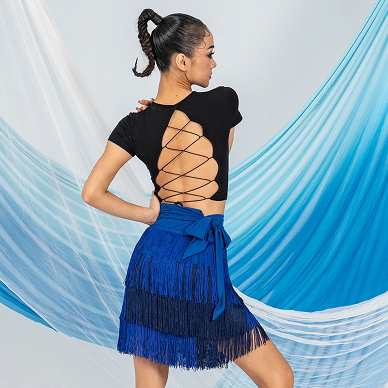 Latin Dance Clothes Tassel Hip Scarf Blue Purple Skirt Women Adult Skirt Rumba Salsa Dance Performance Practice Wear DNV19660