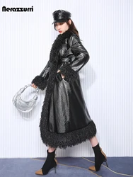 Nerazzurri Autumn Winter Long Loose Black Quilted Warm Soft Pu Leather Coat Women with Faux Fur Trim Sashes European Fashion